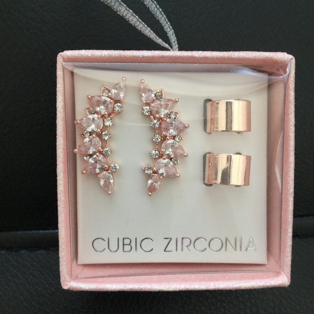 Rose Gold CZ & Cuff Earrings Set